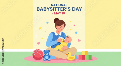 Woman sitting on floor with baby and toys celebrating national babysitter's day on may 10
