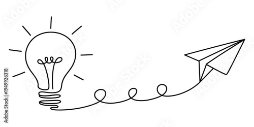 Minimalist black line art illustration of a light bulb and a paper airplane taking flight