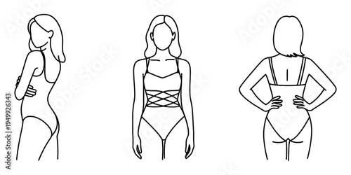 Line art illustrations of a woman wearing a one-piece swimsuit from the side, front, and back views.
