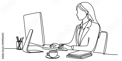 Continuous line drawing of a professional businesswoman working at her desk with a computer.