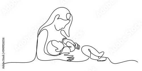 Continuous line art illustration of a young mother nursing her newborn baby in her arms
