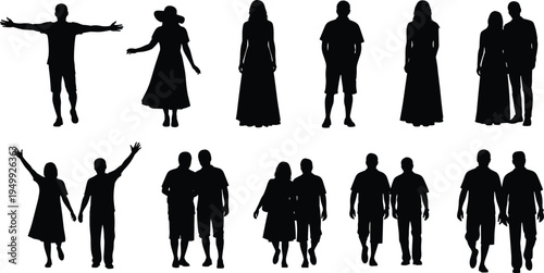 Black silhouettes of happy people and couples walking standing and cheering set isolated on white background for graphic design vector illustration and creative projects