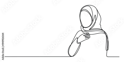 Elegant continuous line drawing of a young muslim woman wearing a traditional headscarf or hijab