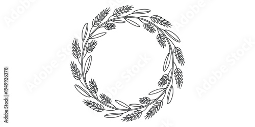 Hand drawn circular lavender floral wreath with delicate sprigs and leaves for decoration