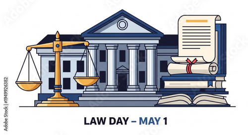 Law day may 1 illustration with courthouse scales of justice books and legal documents on white background