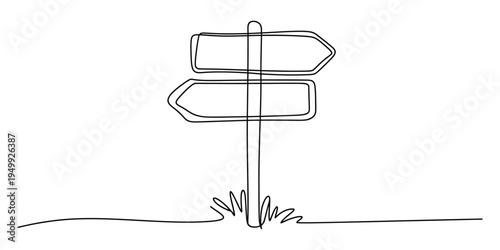 Continuous line drawing of a wooden signpost with two arrows pointing in opposite directions