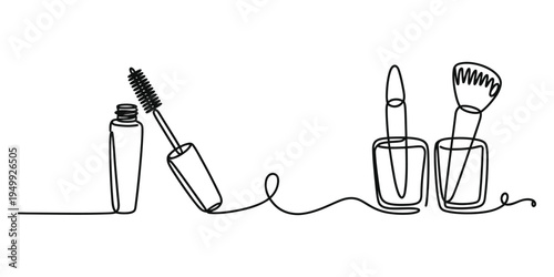 Minimalist continuous line art of makeup essentials including mascara brush and cosmetic tools
