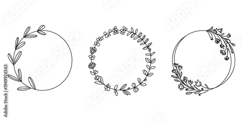 Three elegant hand-drawn circular floral wreaths featuring delicate leaves and botanical elements