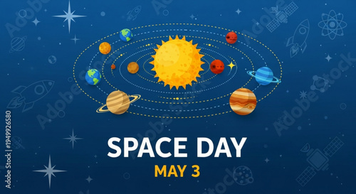Space day may 3rd celebration with solar system planets orbiting the sun in deep blue background with stars