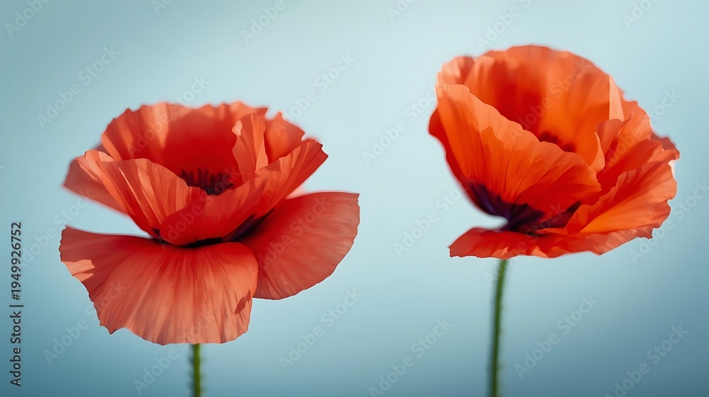 Obraz premium Pair of red poppy flowers on light blue background