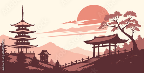Kyoto Sunset Skyline Illustration. Vector
