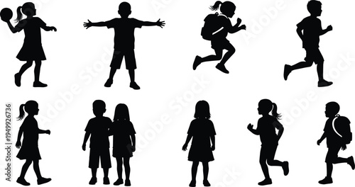 Children silhouette set, kids playing and running, school children collection, boys and girls activity poses, childhood lifestyle illustration, isolated vector
