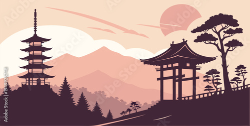 Kyoto Sunset Skyline Illustration with Traditional Temple Silhouette
