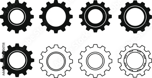 Black gear and cogwheel icons set with various stroke weights and outlines isolated on white background for industrial engineering mechanical process and technical vector design