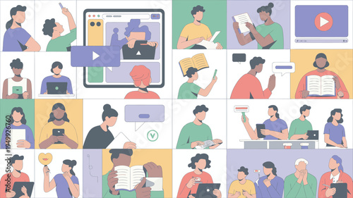 A diverse group of people engaging in online learning and education with digital devices and multimedia resources.