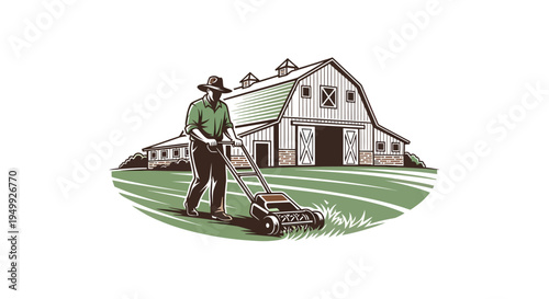 Man mowing lawn in front of a barn, vintage style illustration.