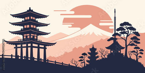 Kyoto Sunset Cityscape with Peaceful Skyline. Vector