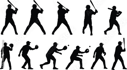 Baseball player silhouette set, batting and fielding action poses, sports athlete collection isolated, dynamic baseball swing catcher throw vector style