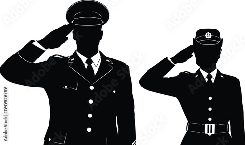 Military salute silhouette, male and female officers saluting, army respect gesture, uniformed soldiers, patriotic symbol, disciplined service, defense force illustration