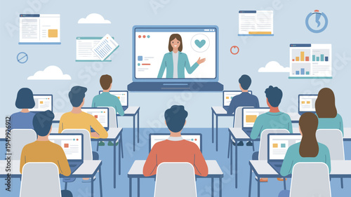 A group of students sitting at desks in a classroom with laptops and a teacher on a large screen display