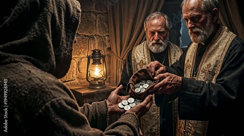Man Receiving Silver Coins from Priests in Dark Room