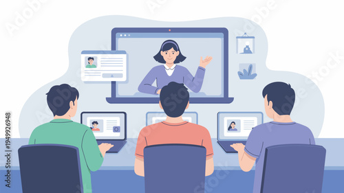 Three people sitting at a desk with laptops watching a woman present on a large computer screen