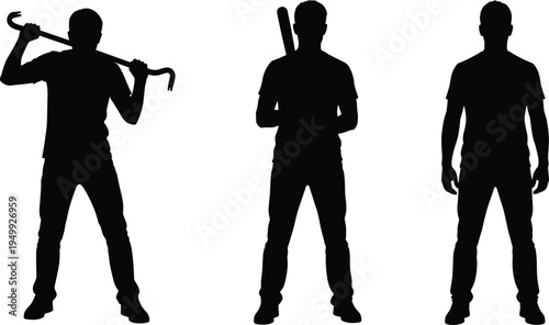 Male silhouettes holding baseball bat and crowbar, standing man poses collection, strength protection concept isolated human figure illustration