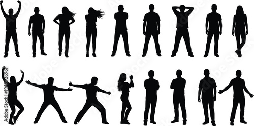 People silhouettes showing different poses and gestures, men and women standing expressions collection, human body language concept isolated set