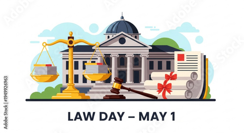 Law day may 1st illustration with courthouse scales of justice gavel and legal documents