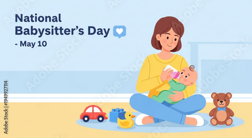 Woman feeding baby on floor with toys and teddy bear on national babysitter's day may 10