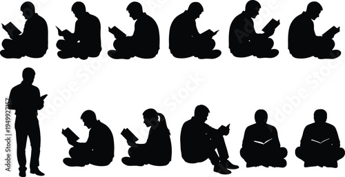 Collection of people reading books silhouettes, students studying, education learning concept, isolated readers, library literature knowledge culture study hobby set