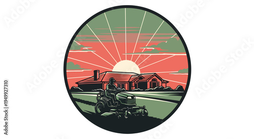 Man riding a lawnmower on a sunny day.