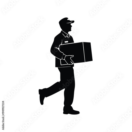 Running delivery person silhouette holding parcel box for shipment