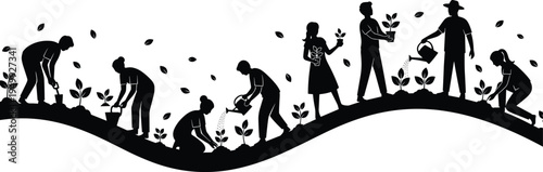 A group of diverse people gardening and planting small trees on a wavy hill landscape silhouette isolated on white background for environmental protection concept.