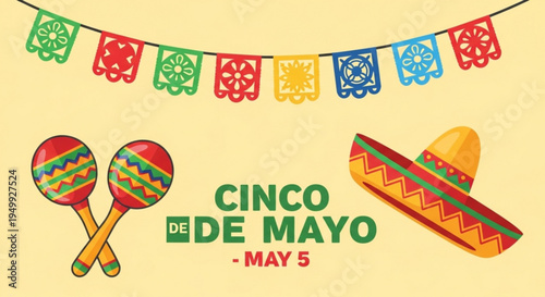 Vibrant cinco de mayo celebration elements with sombrero maracas and colorful papel picado banner on yellow background