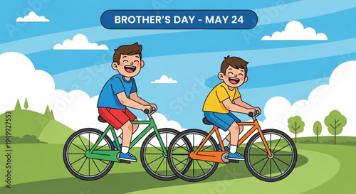Two happy brothers riding bicycles together outdoors on green grass with blue sky and white clouds on brother's day