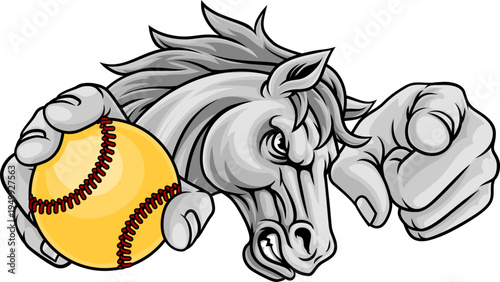 Horse mustang bronco stallion baseball softball angry sports team mascot holding a ball.