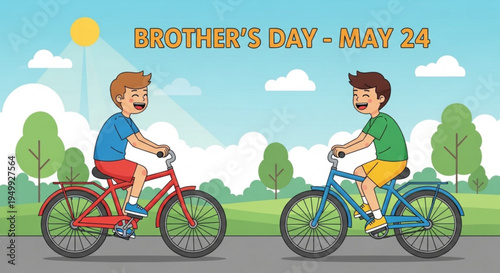 Two brothers riding bicycles on road with sunny landscape background celebrating brother's day on may 24