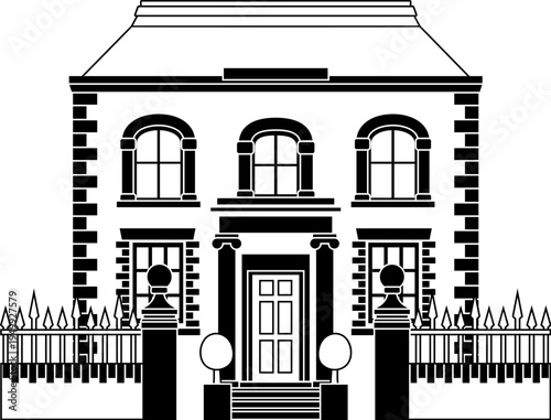 Victorian outline old English house building. Georgian mansion manor style homes. Vintage British architecture facade illustration.