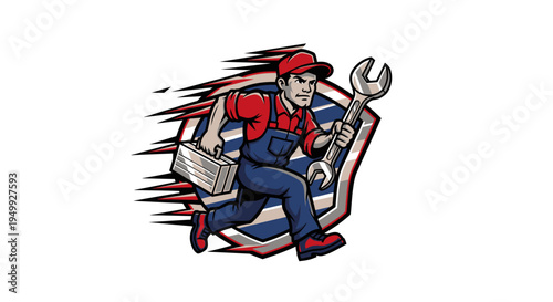 Mechanic running fast with toolbox and wrench.