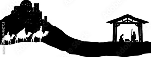 A Christmas nativity scene with baby Jesus in the manger, wise men and city of Bethlehem in the background