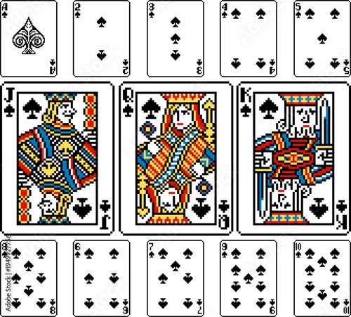 A pixel art playing cards deck design, spades suit. An original design, all spades cards. Each card 55 squares wide by 74 tall.
