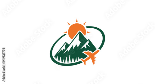 Mountain travel logo with sun and airplane, symbolizing adventure and exploration.