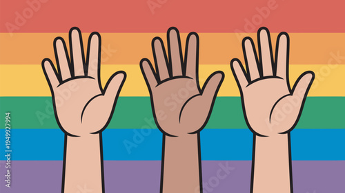 A diverse group of people showing solidarity and support for equality and human rights with raised hands in front of a rainbow flag.