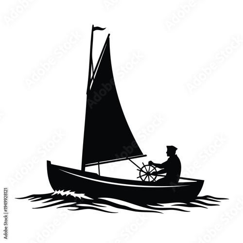 Sailor silhouette steering sailboat on water with traditional rudder