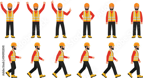 Construction worker character animation set with different poses walking and standing builder wearing safety helmet and vest vector illustration