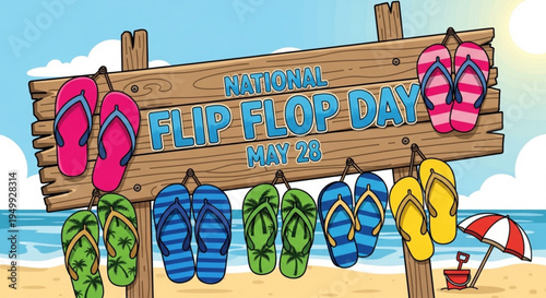 Colorful flip flops hang on wooden sign at beach for national flip flop day may 26 with umbrella and ocean background