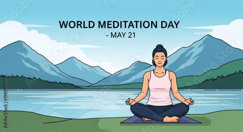 Woman meditating on yoga mat by serene lake with mountains on world meditation day
