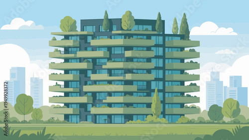 A modern eco-friendly building with green balconies and a city skyline in the background on a sunny day.