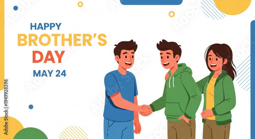 Brothers shaking hands with sister happy brother's day greeting card with colorful abstract shapes